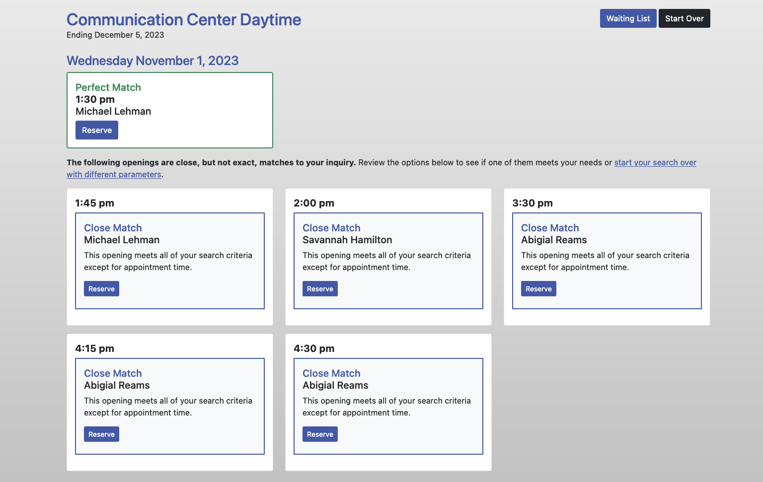 image of appointment search results in WC Online